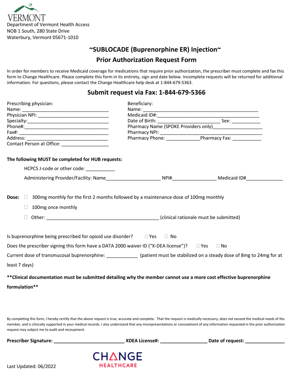 Sublocade (Buprenorphine Er) Injection Prior Authorization Request Form - Vermont, Page 1