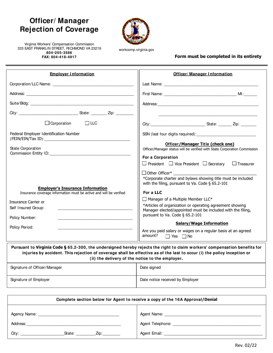 VWC Form 16A Officer / Manager Rejection of Coverage - Virginia, Page 1