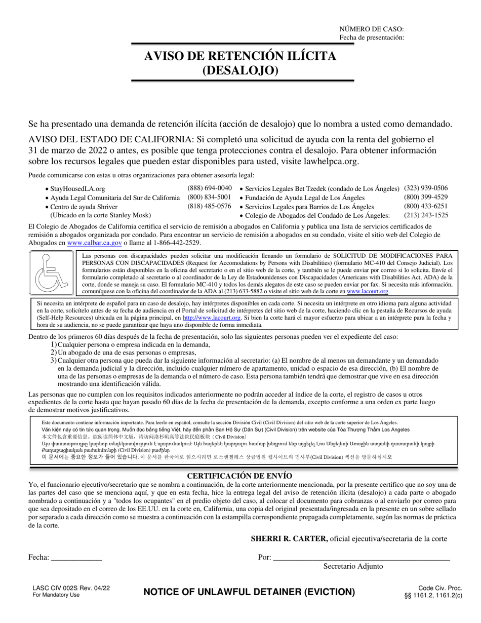 Formulario LACIV002S Aviso De Retencion Ilicita (Desalojo) - County of Los Angeles, California (Spanish), Page 1