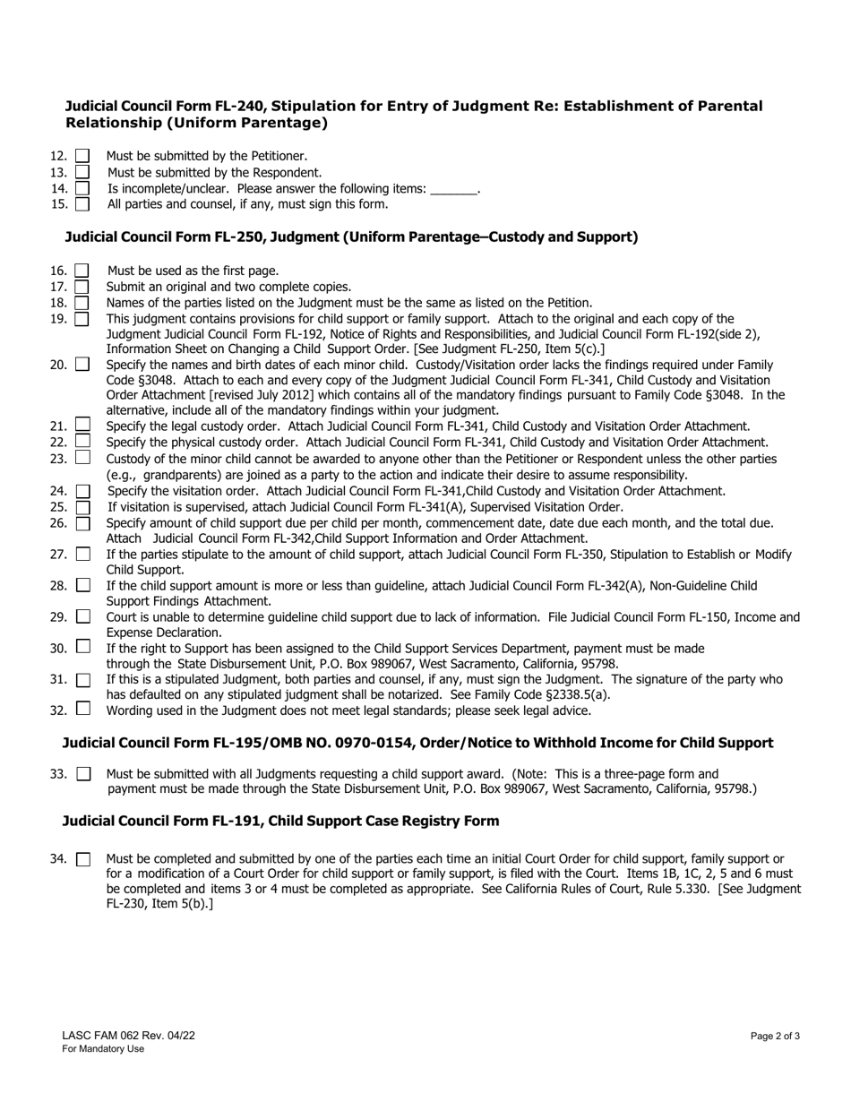Form FAM062 Parentage Judgment Reject Sheet (Family Law) - County of Los Angeles, California, Page 2