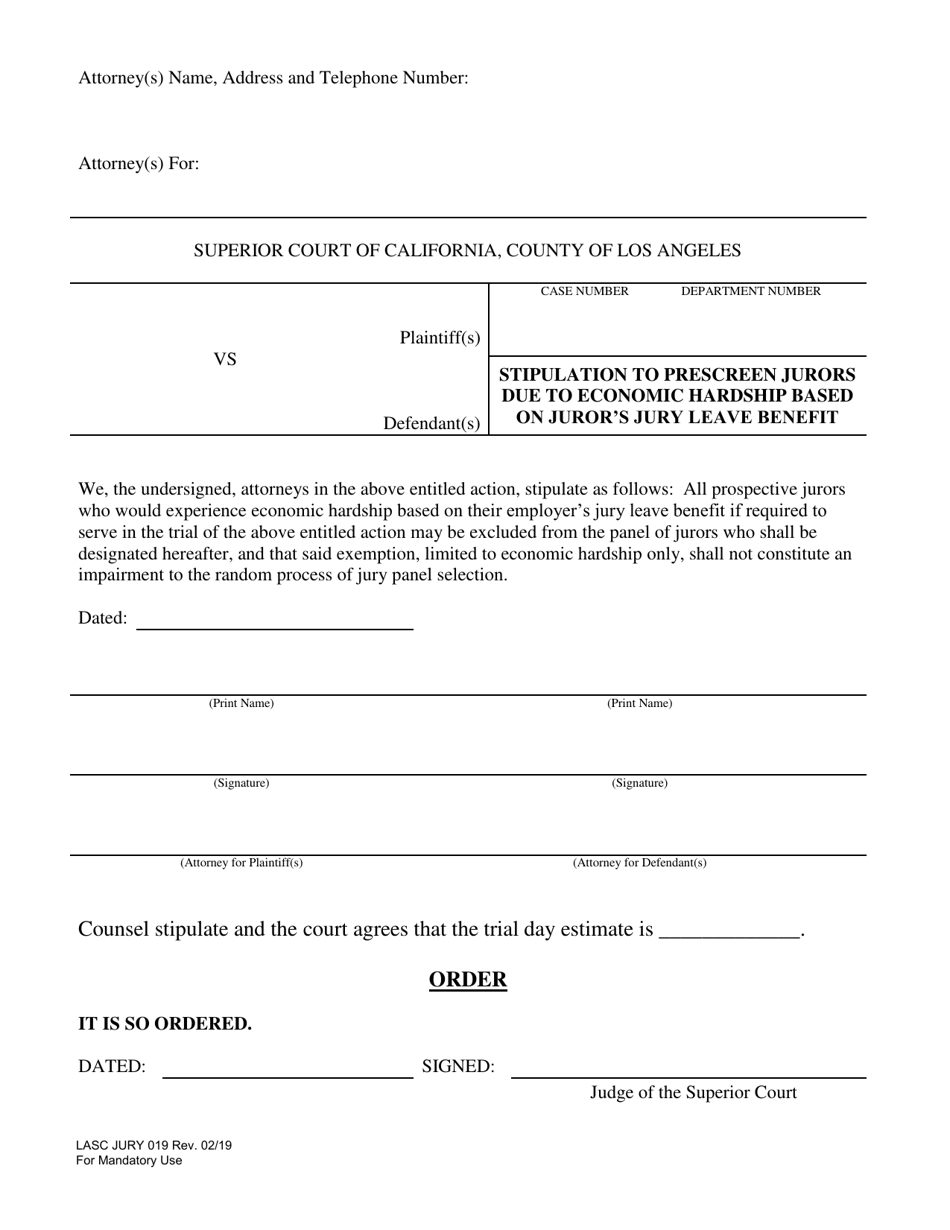 Form JURY019 Stipulation to Prescreen Jurors Due to Economic Hardship Based on Jurors Jury Leave Benefit - County of Los Angeles, California, Page 1