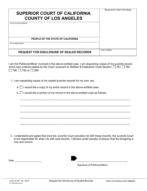 Form JUV047 Request for Disclosure of Sealed Records - County of Los Angeles, California