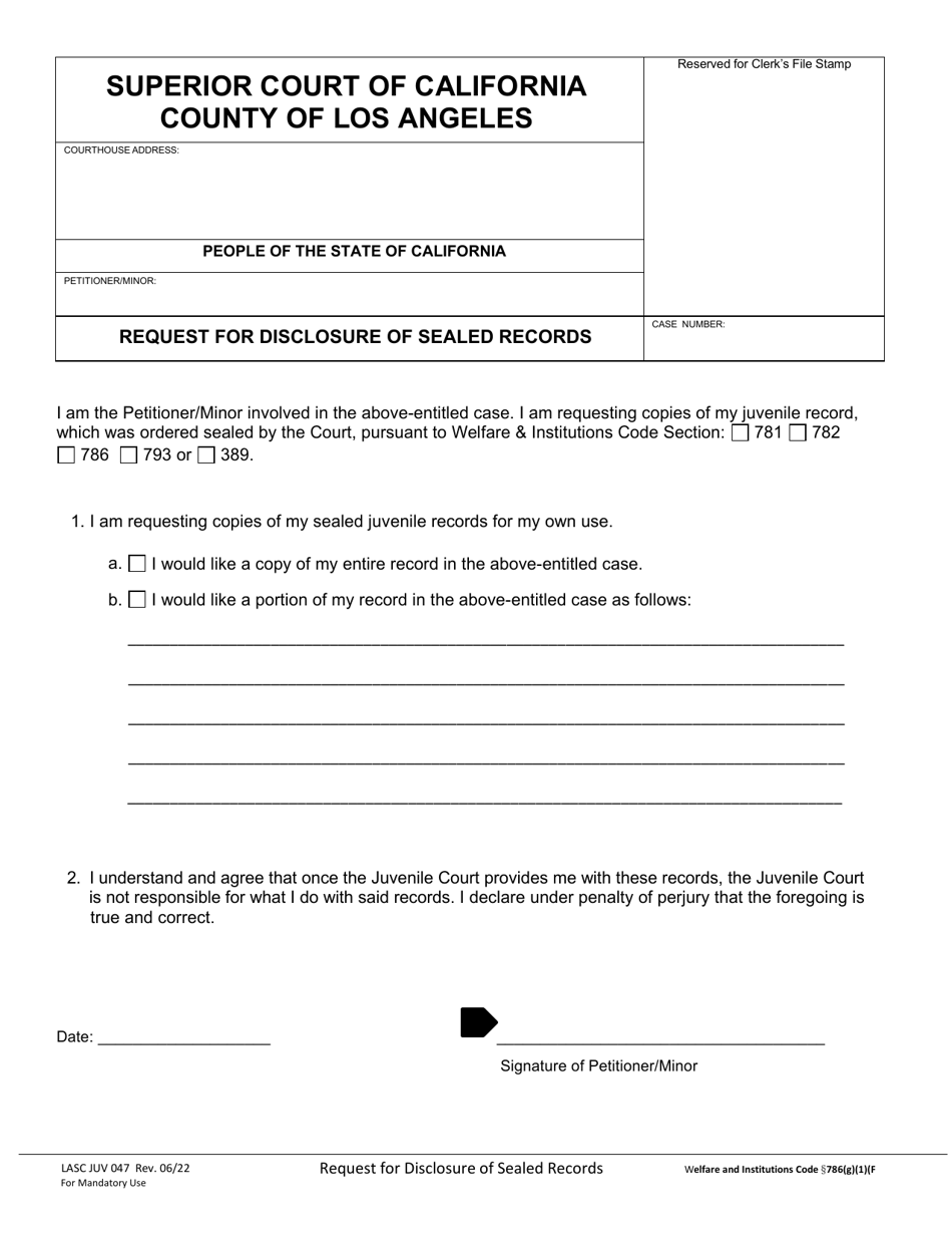 Form JUV047 Request for Disclosure of Sealed Records - County of Los Angeles, California, Page 1