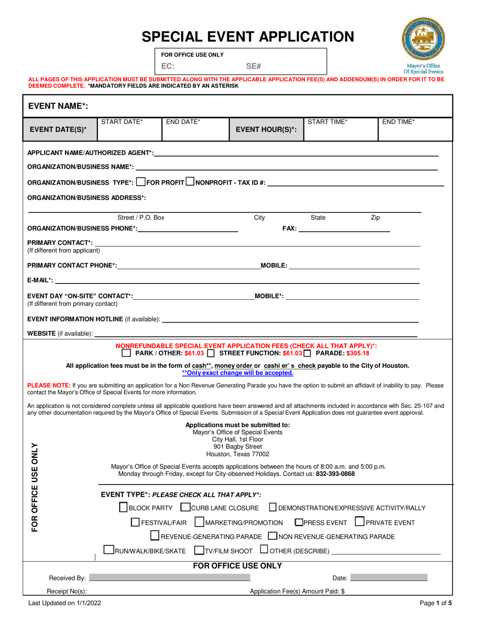 Special Event Application - City of Houston, Texas, Page 1