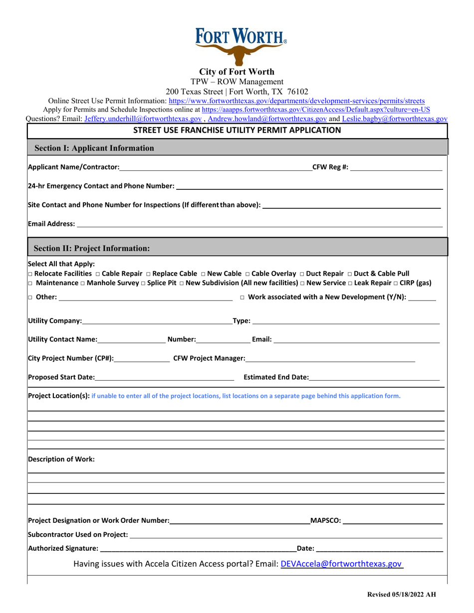 Street Use Franchise Utility Permit Application - City of Fort Worth, Texas, Page 1