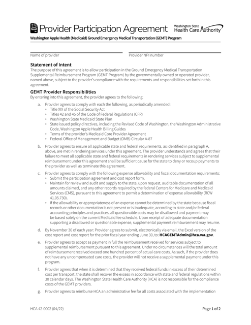 Form HCA42-0002 Gemt Provider Participation Agreement - Washington