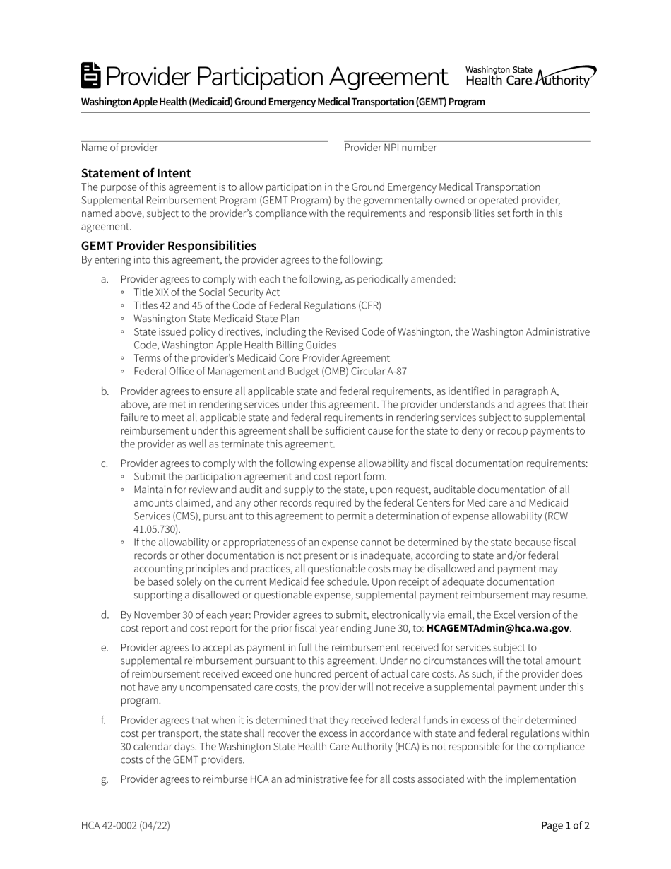 Form HCA42-0002 Gemt Provider Participation Agreement - Washington, Page 1