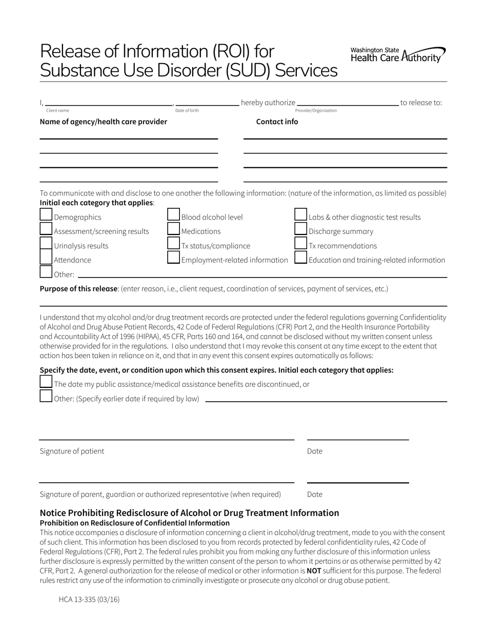 Form HCA13-335 Release of Information (Roi) for Substance Use Disorder (Sud) Services - Washington, Page 1
