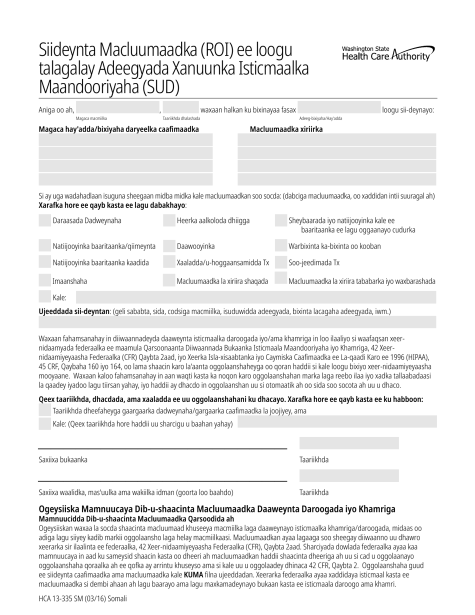 Form HCA13-335 Release of Information (Roi) for Substance Use Disorder (Sud) Services - Washington (Somali), Page 1