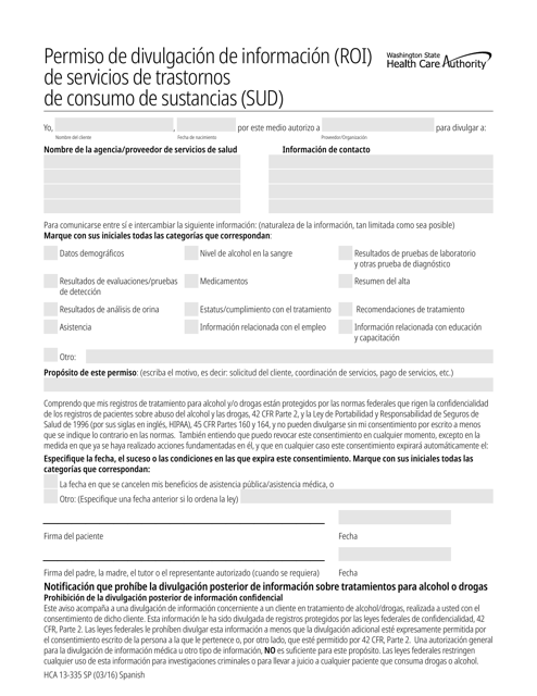 Formulario HCA13-335 Permiso De Divulgacion De Informacion (Roi) De Servicios De Trastornos De Consumo De Sustancias (Sud) - Washington (Spanish)