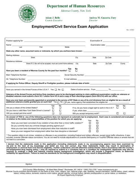 Employment / Civil Service Exam Application - Monroe County, New York Download Pdf