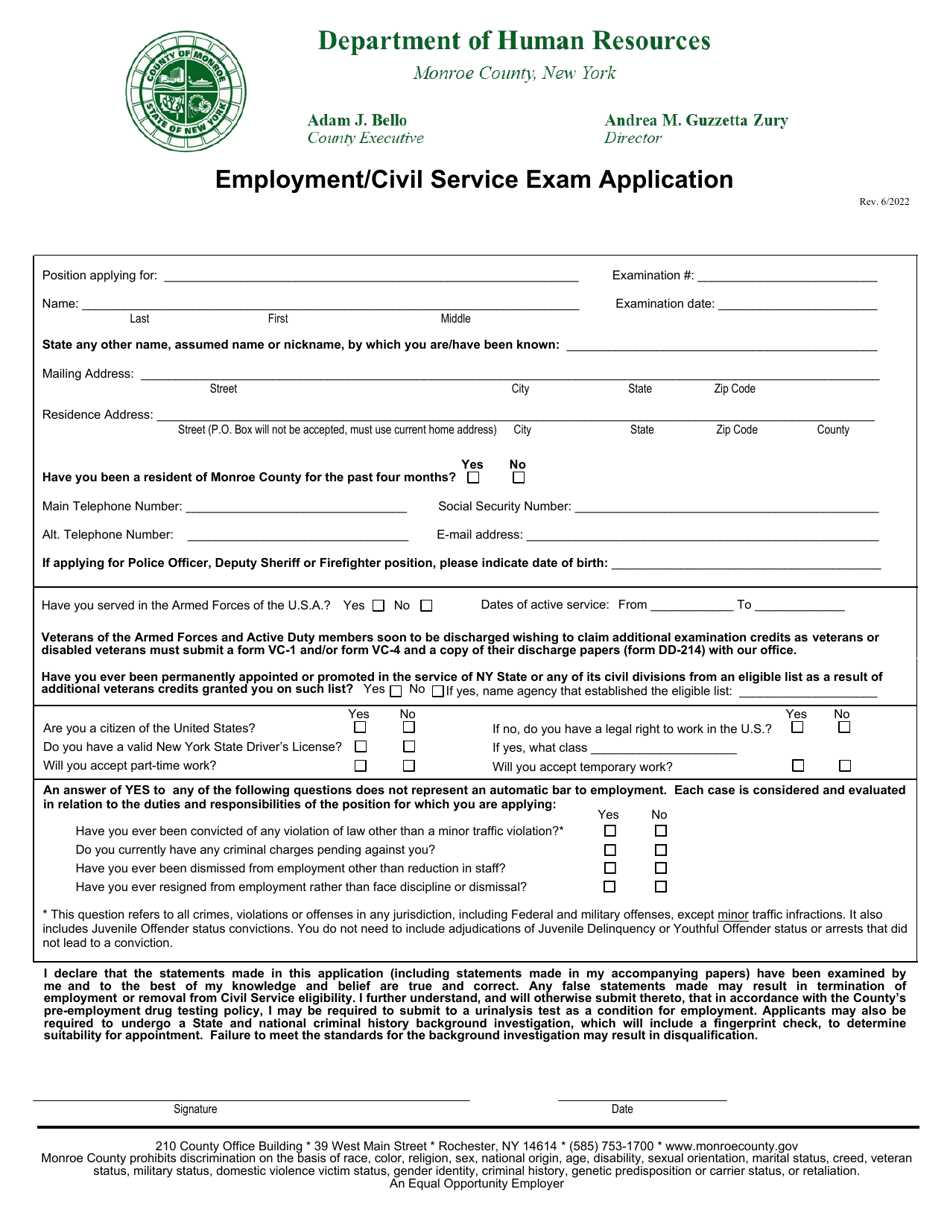 Monroe County, New York Employment/Civil Service Exam Application