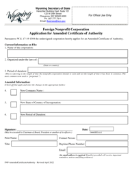 Foreign Nonprofit Corporation Application for Amended Certificate of Authority - Wyoming