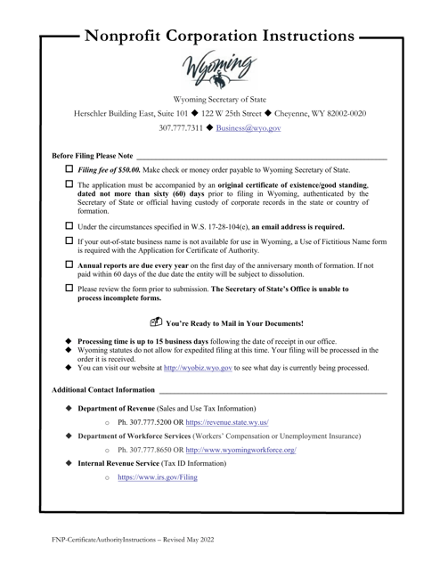 Foreign Nonprofit Corporation Application for Certificate of Authority - Wyoming Download Pdf