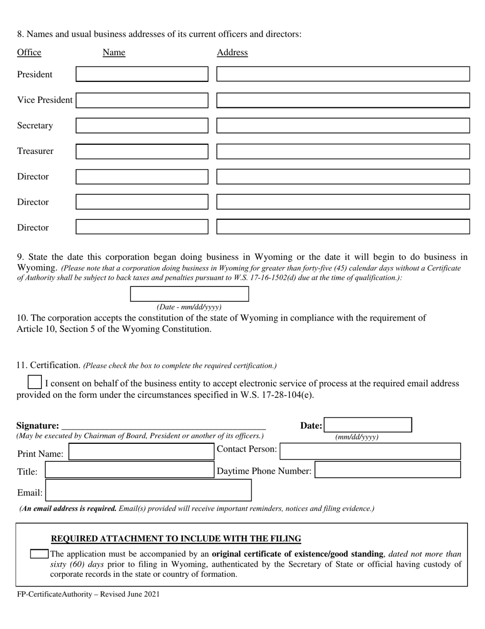 Foreign Profit Corporation Application for Certificate of Authority - Wyoming, Page 3