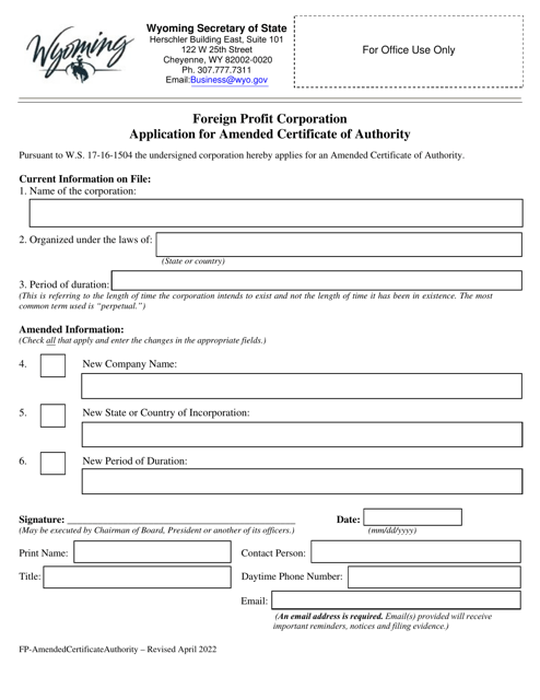 Foreign Profit Corporation Application for Amended Certificate of Authority - Wyoming Download Pdf
