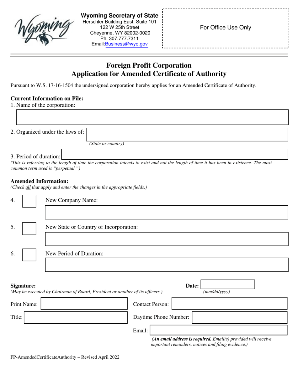 Foreign Profit Corporation Application for Amended Certificate of Authority - Wyoming, Page 1