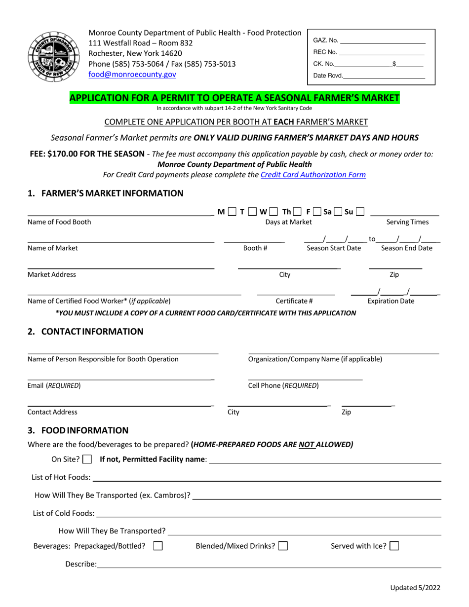 Application for a Permit to Operate a Seasonal Farmers Market - Monroe County, New York, Page 1