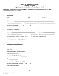 Document preview: Application for Immigration Defense Attorney Panel - County of San Diego, California