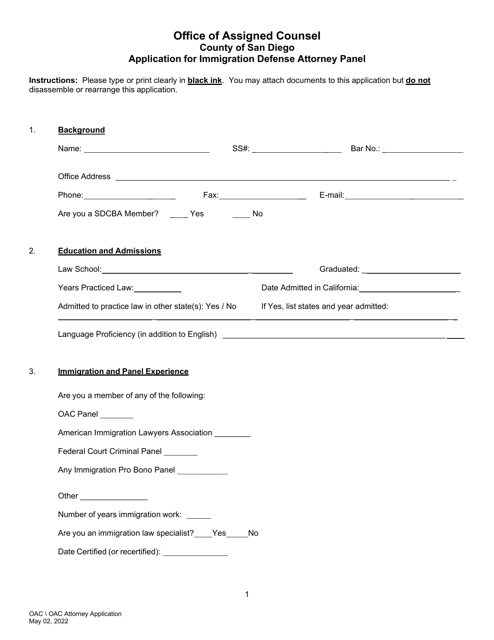 Application for Immigration Defense Attorney Panel - County of San Diego, California Download Pdf