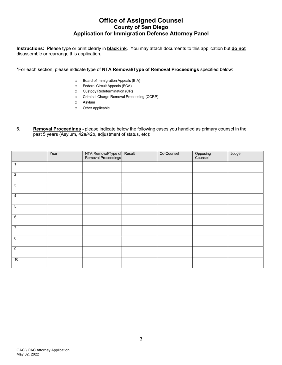 Application for Immigration Defense Attorney Panel - County of San Diego, California, Page 3