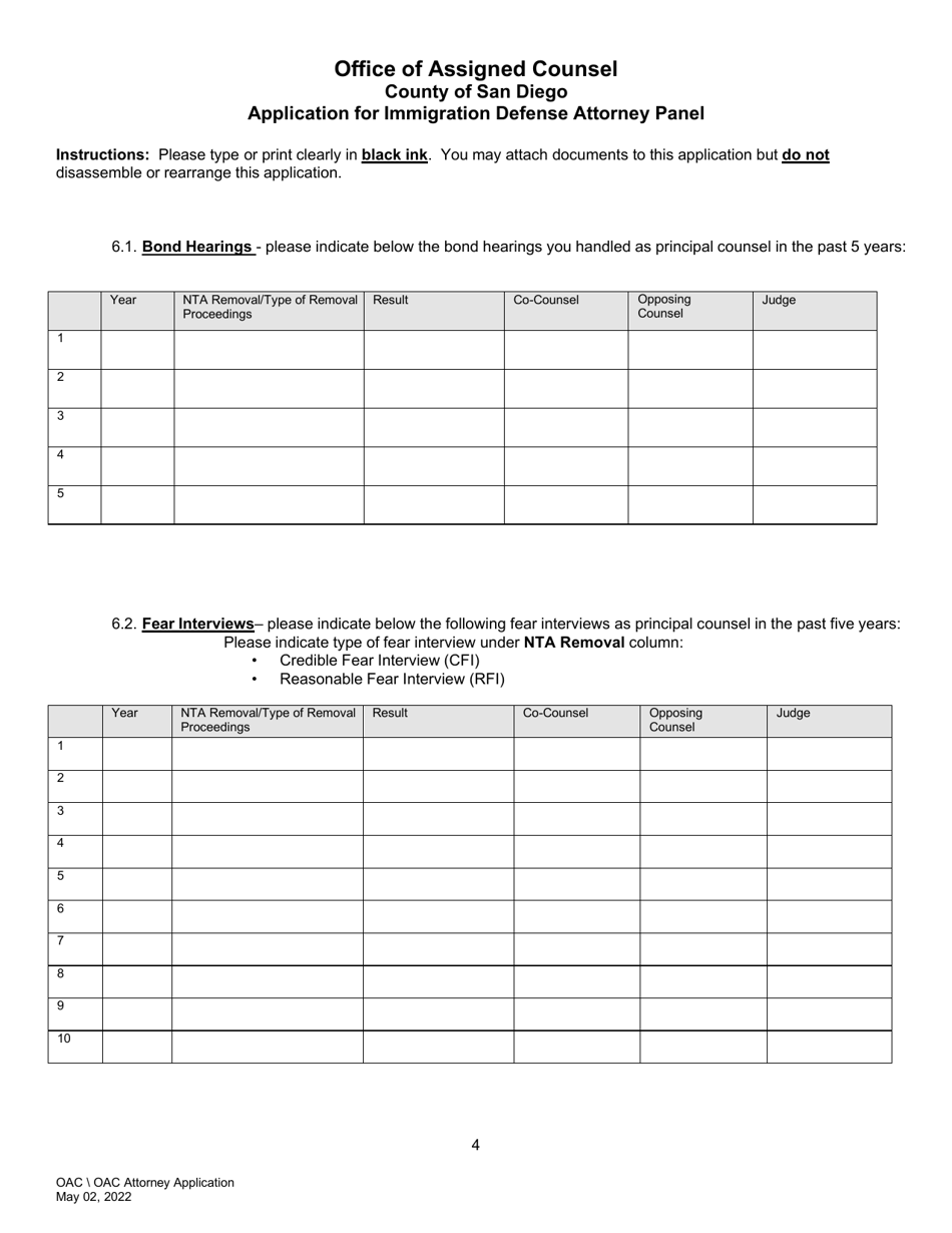 Application for Immigration Defense Attorney Panel - County of San Diego, California, Page 4