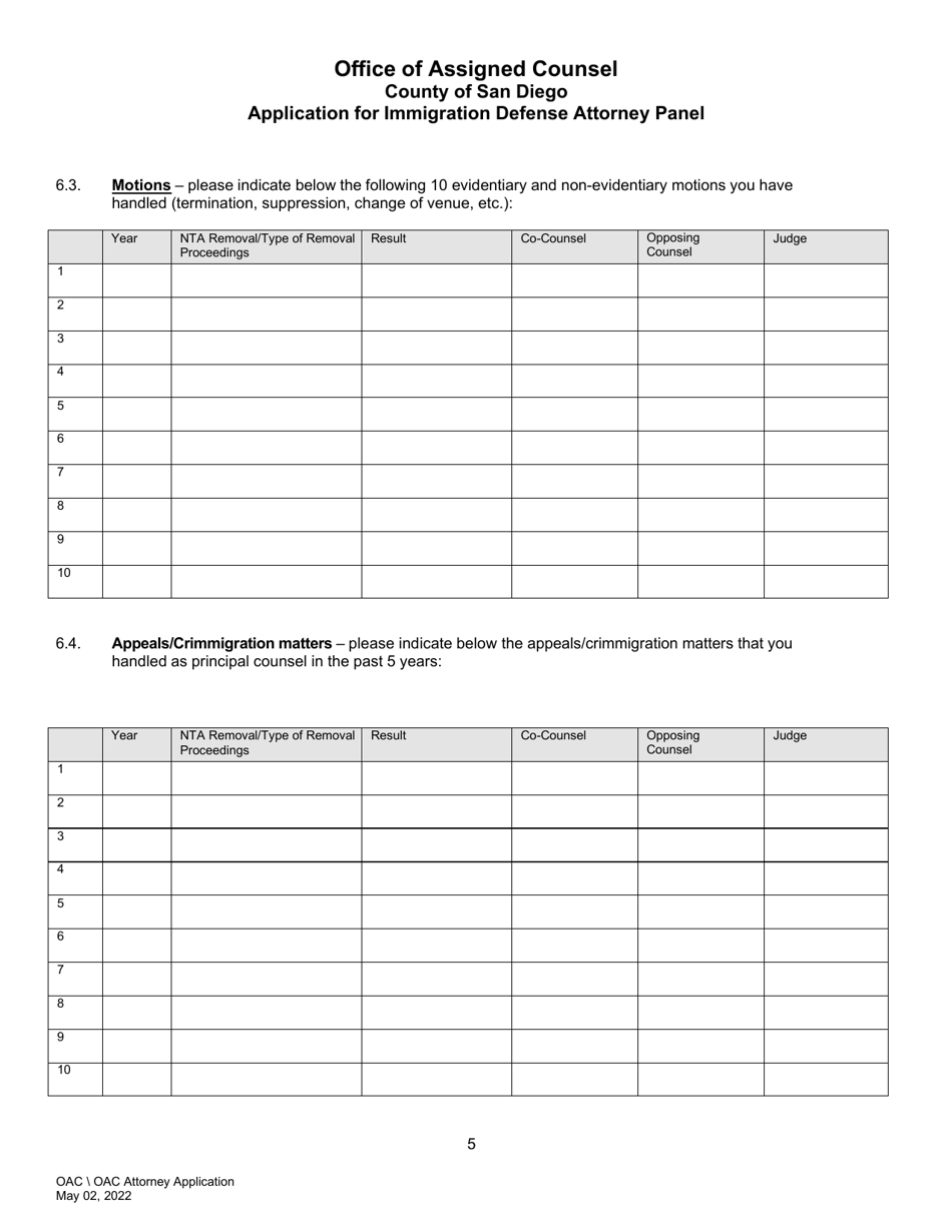 Application for Immigration Defense Attorney Panel - County of San Diego, California, Page 5