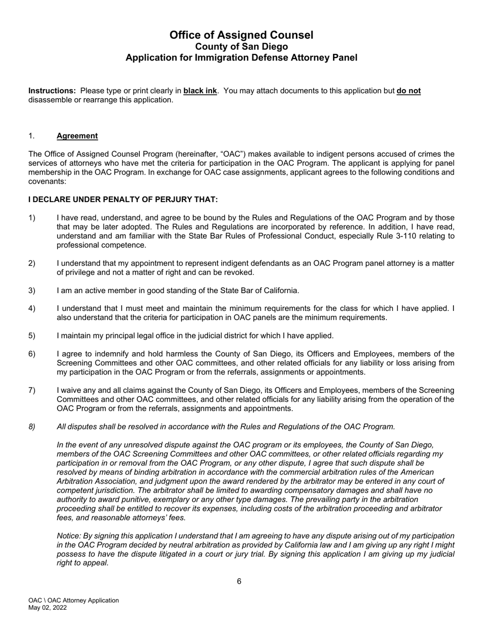 Application for Immigration Defense Attorney Panel - County of San Diego, California, Page 6