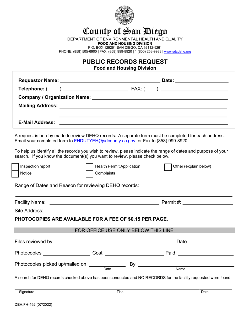 Form DEH:FH-492 Public Records Request - County of San Diego, California, Page 1