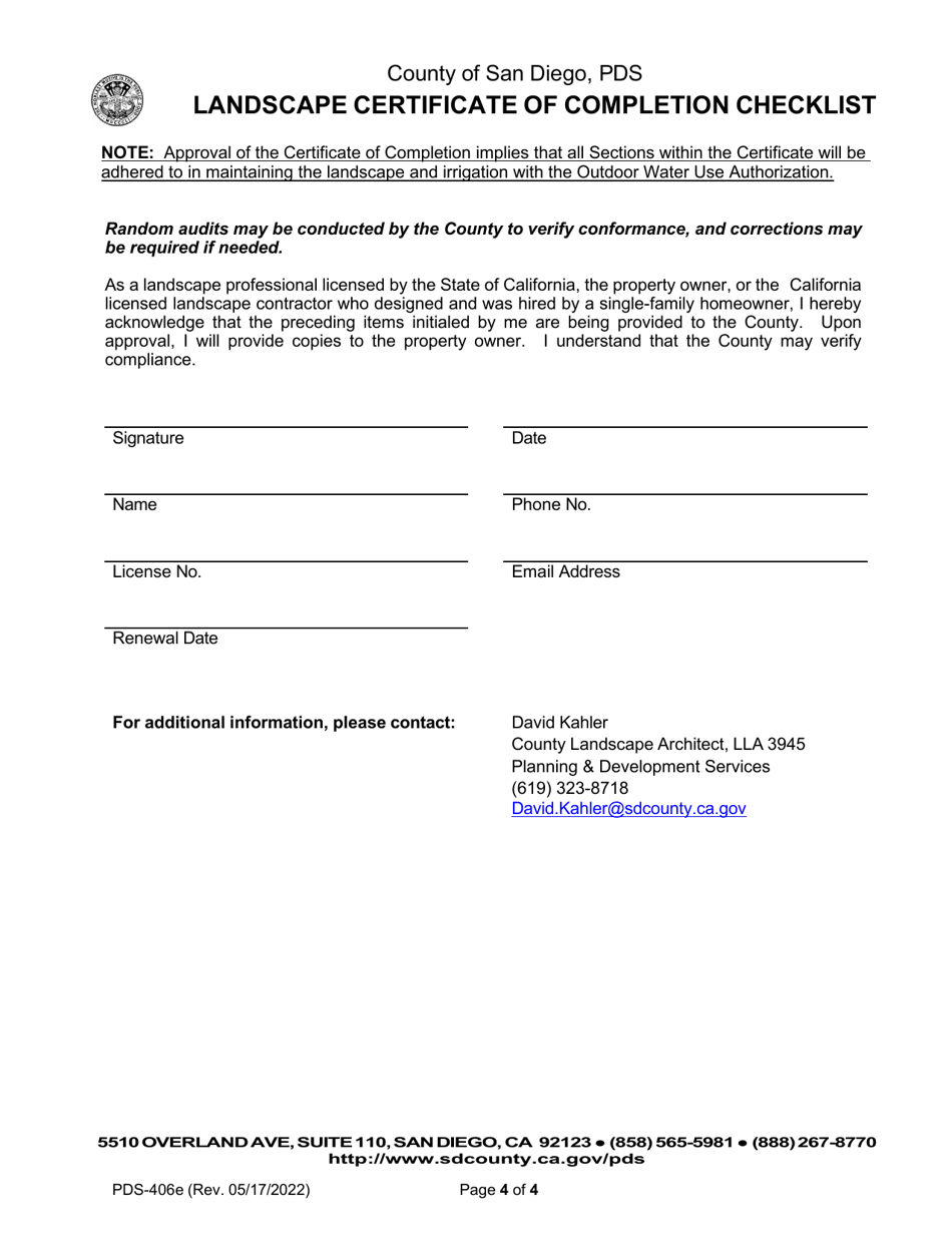 Form PDS-406E Landscape Certificate of Completion Checklist - County Landscape Architect (Email Submittal) - County of San Diego, California, Page 4