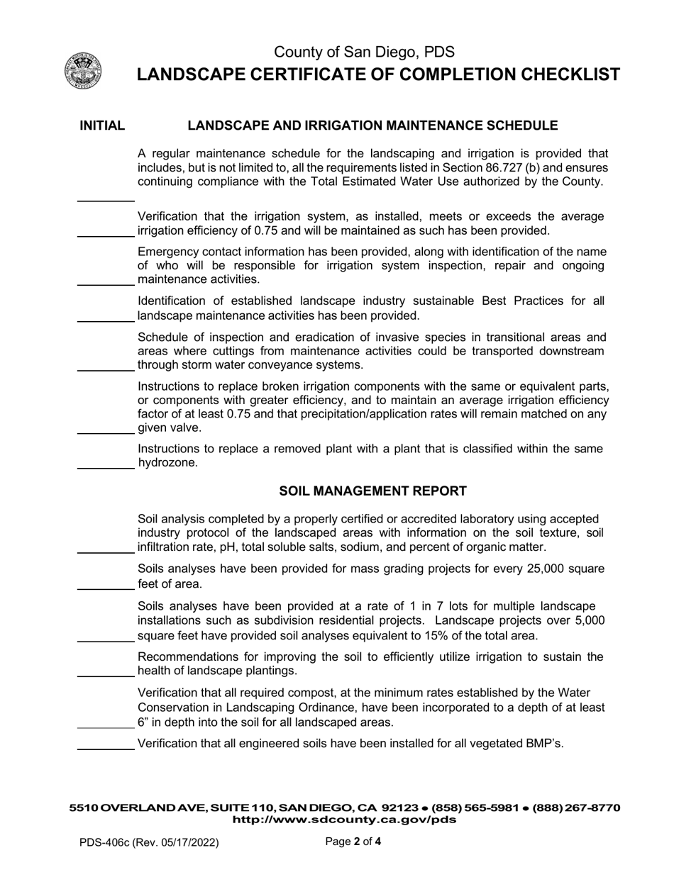 Form PDS-406C Landscape Certificate of Completion Checklist - County Landscape Architect (Counter Submittal) - County of San Diego, California, Page 2