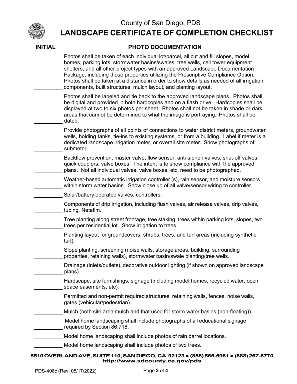 Form PDS-406C Landscape Certificate of Completion Checklist - County Landscape Architect (Counter Submittal) - County of San Diego, California, Page 3