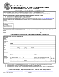 Form PDS-294 Building Permit &amp; Right-Of-Way Permit Subcontractor Disclosure - County of San Diego, California