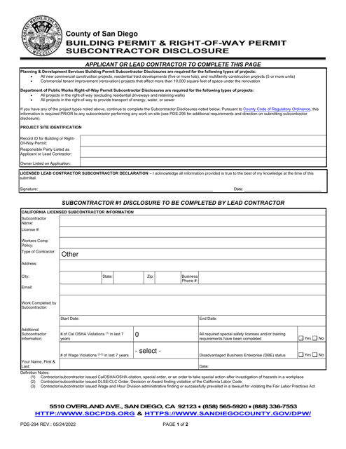 Form PDS-294 Building Permit & Right-Of-Way Permit Subcontractor Disclosure - County of San Diego, California