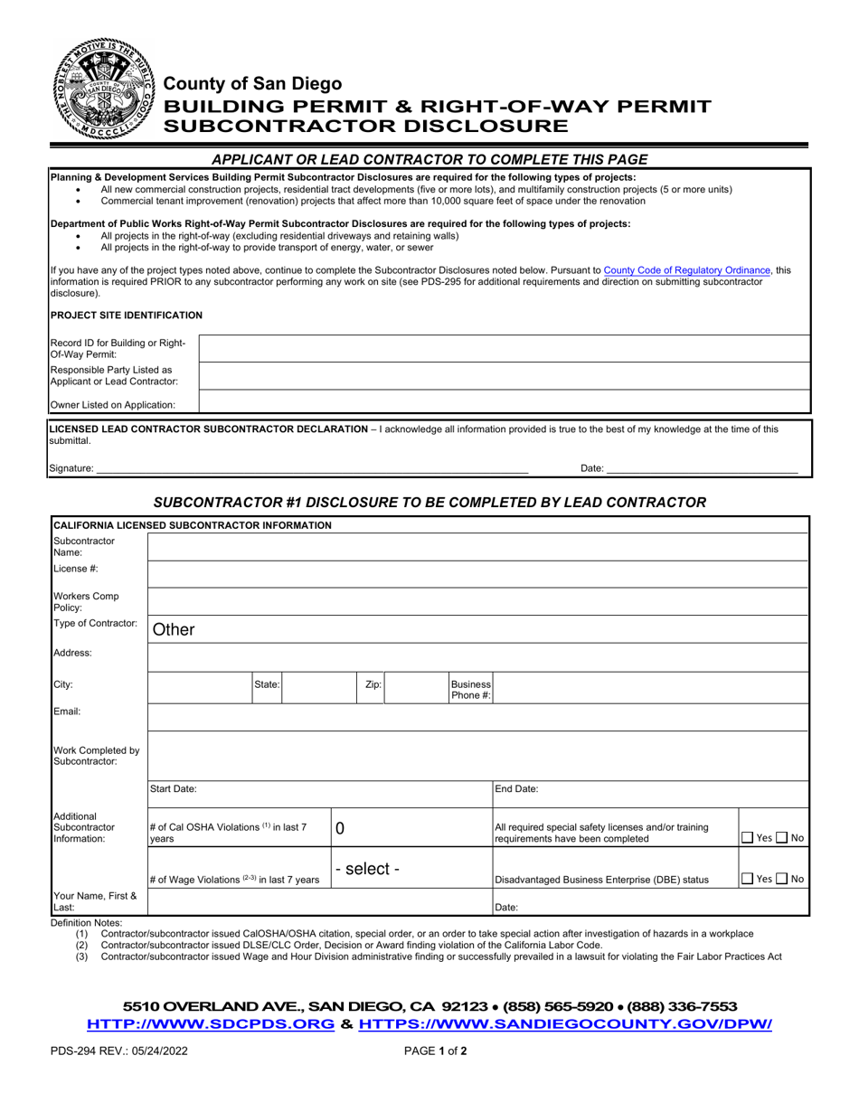 Form Pds 294 Fill Out Sign Online And Download Fillable Pdf County