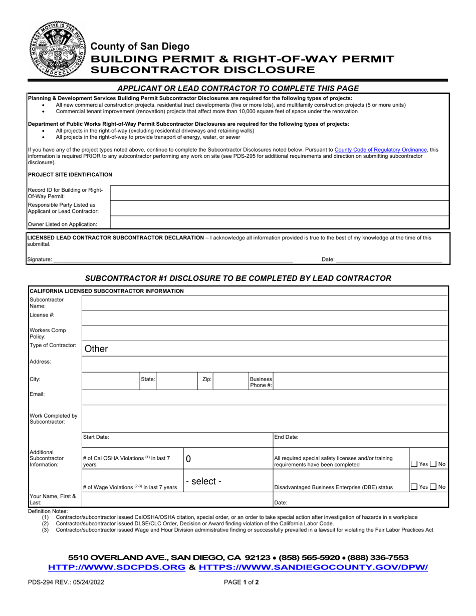 Form PDS-294 Building Permit  Right-Of-Way Permit Subcontractor Disclosure - County of San Diego, California, Page 1