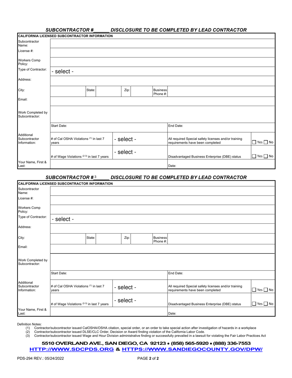 Form PDS-294 Building Permit  Right-Of-Way Permit Subcontractor Disclosure - County of San Diego, California, Page 2