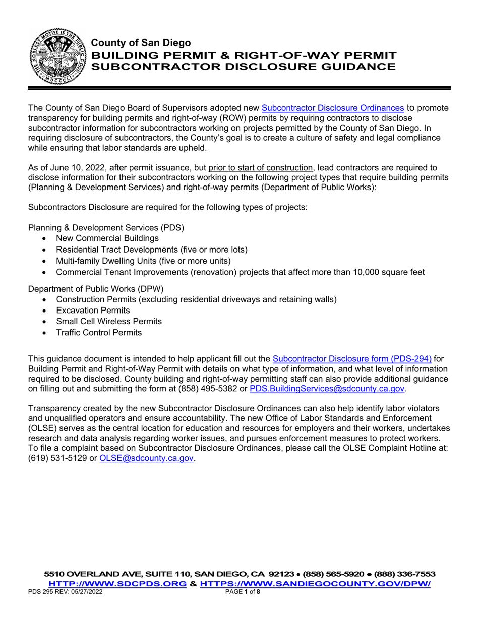 Instructions for Form PDS-294 Building Permit  Right-Of-Way Permit Subcontractor Disclosure - County of San Diego, California, Page 1