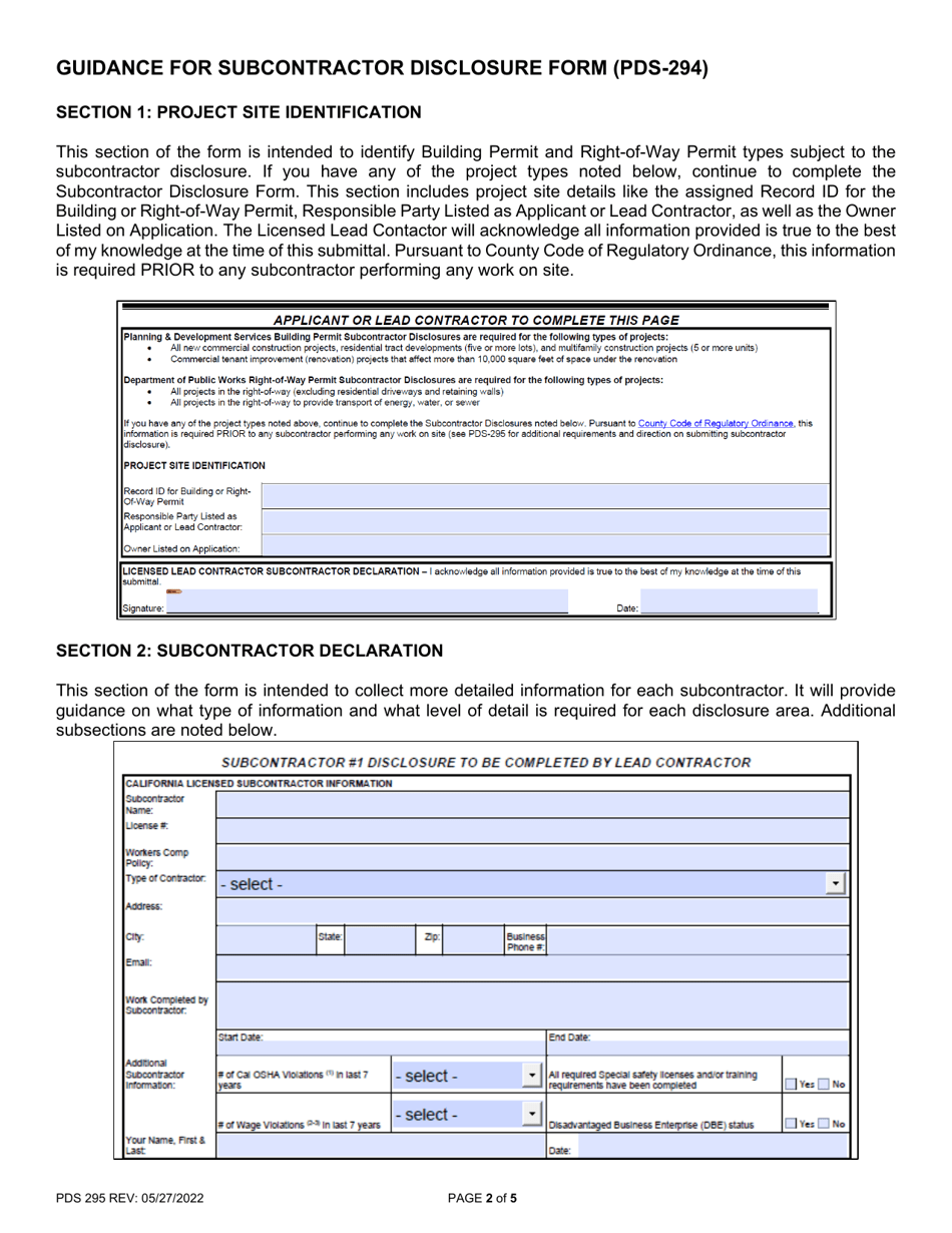 Instructions for Form PDS-294 Building Permit  Right-Of-Way Permit Subcontractor Disclosure - County of San Diego, California, Page 2