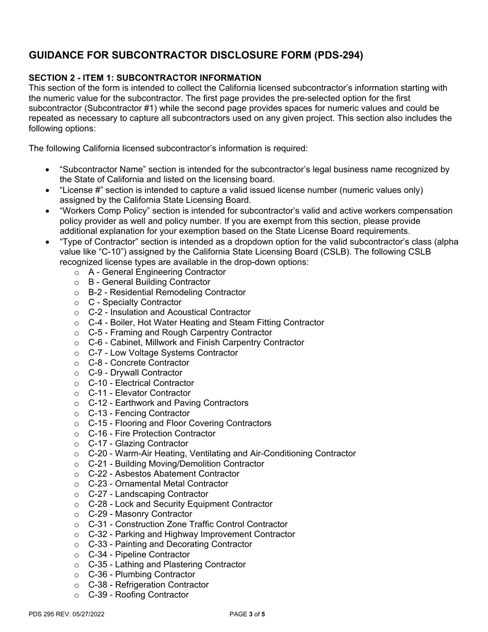 Instructions for Form PDS-294 Building Permit  Right-Of-Way Permit Subcontractor Disclosure - County of San Diego, California, Page 3