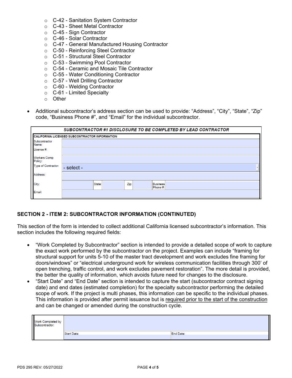 Instructions for Form PDS-294 Building Permit  Right-Of-Way Permit Subcontractor Disclosure - County of San Diego, California, Page 4