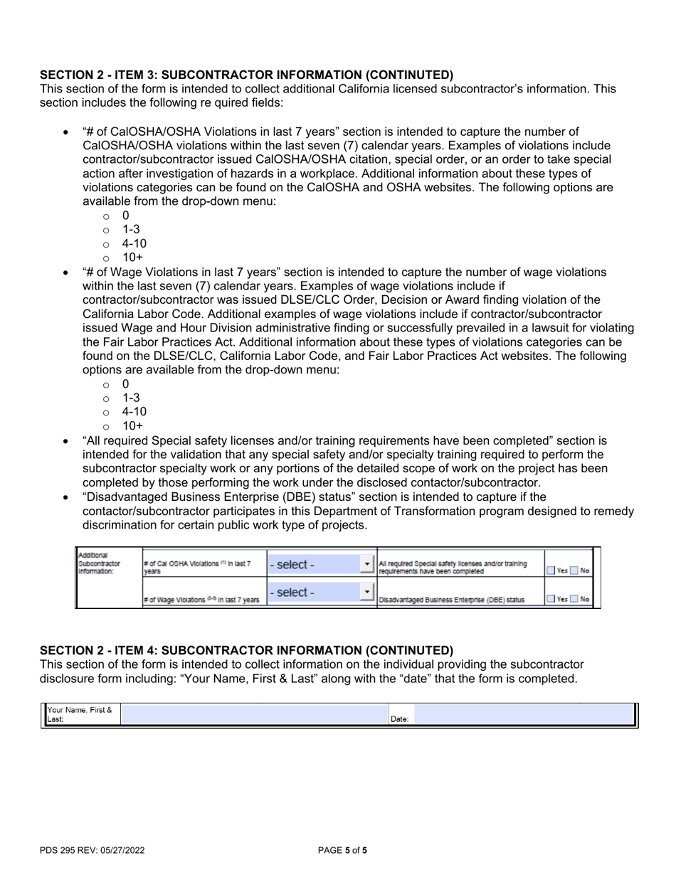 Instructions for Form PDS-294 Building Permit  Right-Of-Way Permit Subcontractor Disclosure - County of San Diego, California, Page 5