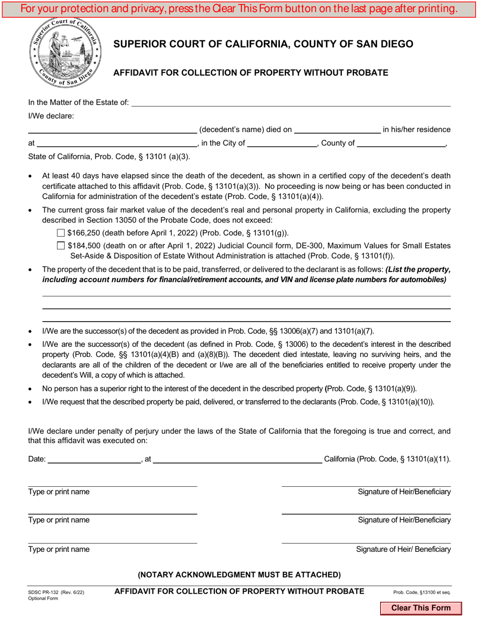 Form PR-132 Affidavit for Collection of Property Without Probate - County of San Diego, California, Page 1
