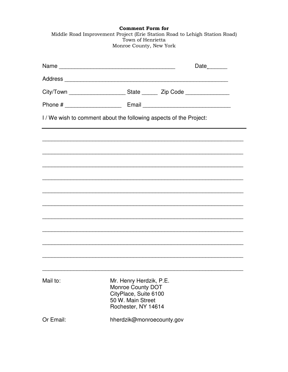 Comment Form for Middle Road Improvement Project (Erie Station Road to Lehigh Station Road) - Monroe County, New York, Page 1