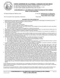 Formulario MO-041S Aviso/Renuncia a Los Derechos Constitucionales Por Correo Para La Declaracion - County of San Diego, California (Spanish)