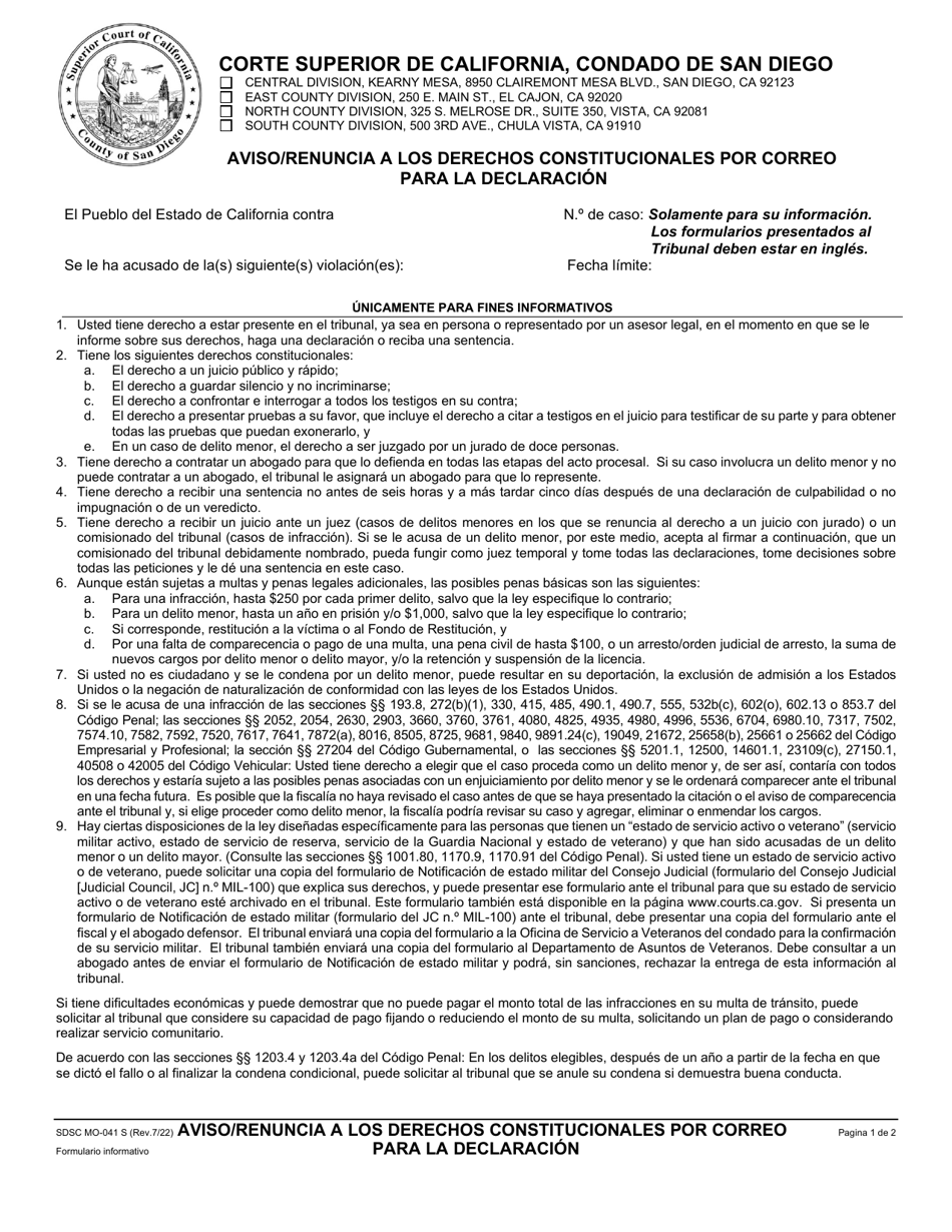 Formulario MO-041S Aviso / Renuncia a Los Derechos Constitucionales Por Correo Para La Declaracion - County of San Diego, California (Spanish), Page 1