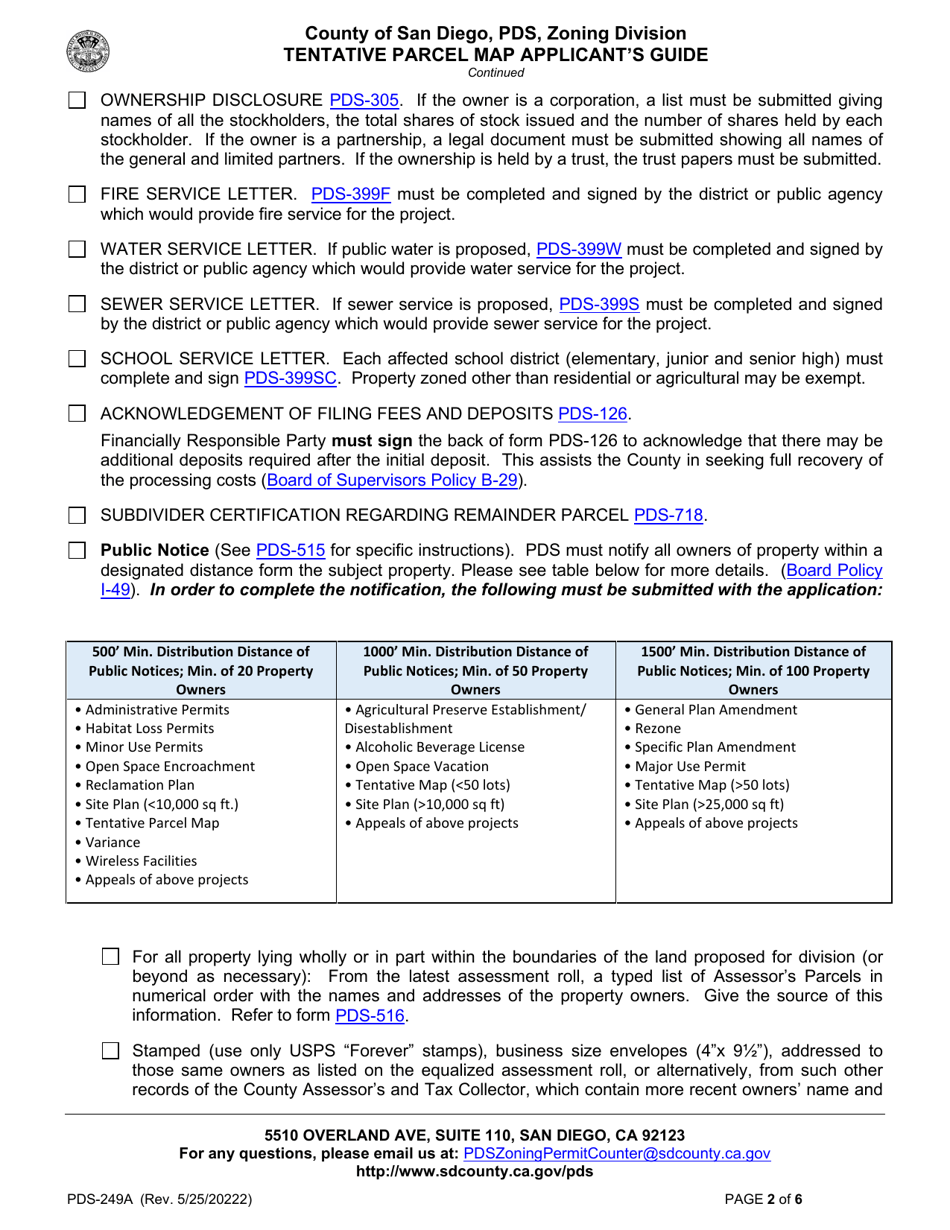 Form PDS-249A Tentative Parcel Map Applicants Guide - County of San Diego, California, Page 2