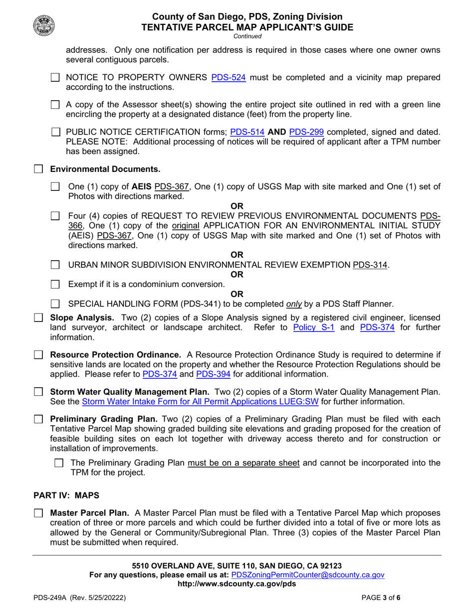 Form PDS-249A Tentative Parcel Map Applicants Guide - County of San Diego, California, Page 3