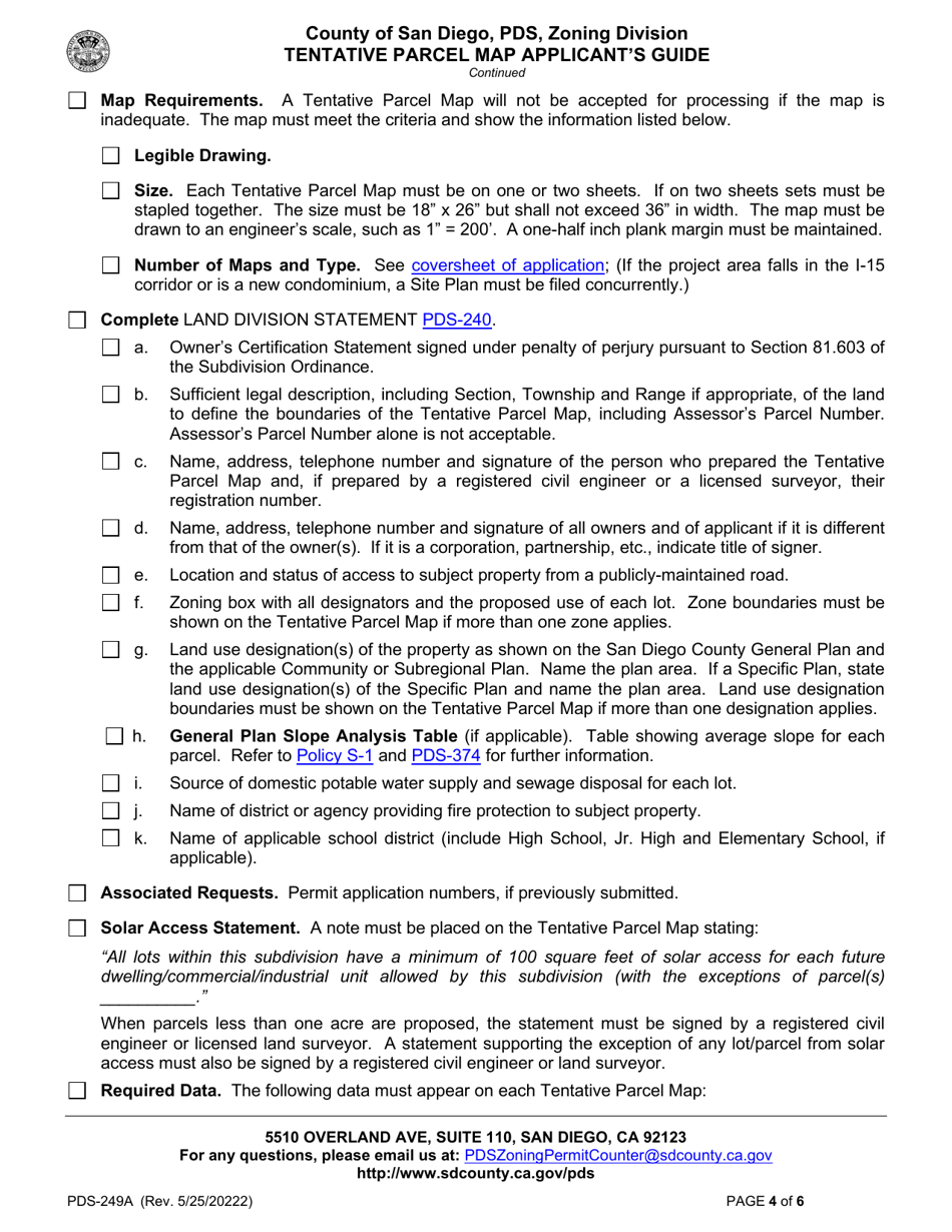 Form PDS-249A Tentative Parcel Map Applicants Guide - County of San Diego, California, Page 4