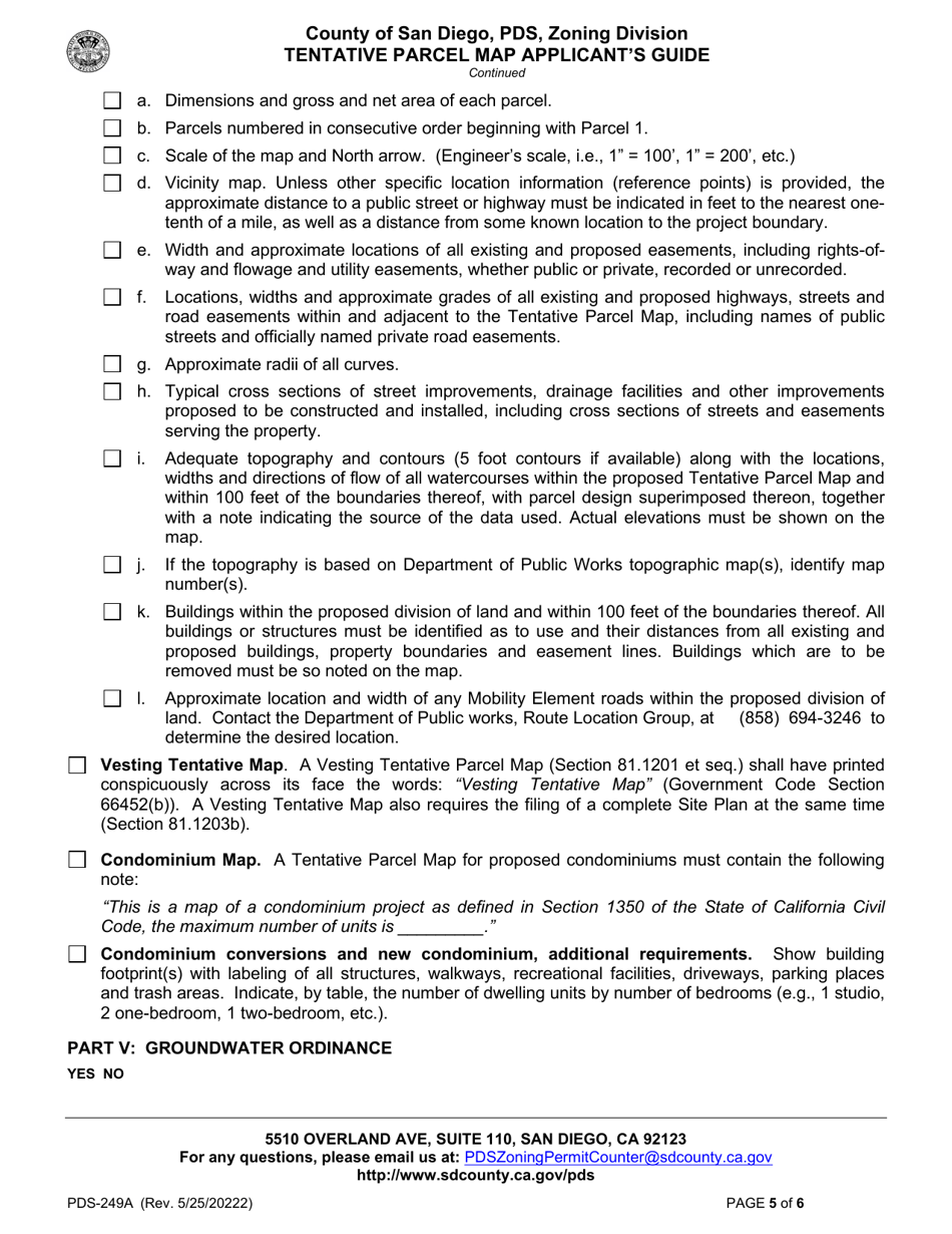 Form PDS-249A Tentative Parcel Map Applicants Guide - County of San Diego, California, Page 5
